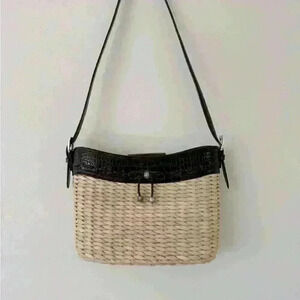 BRIGHTON Brown Leather Natural Straw Shoulder/Crossbody Handbag